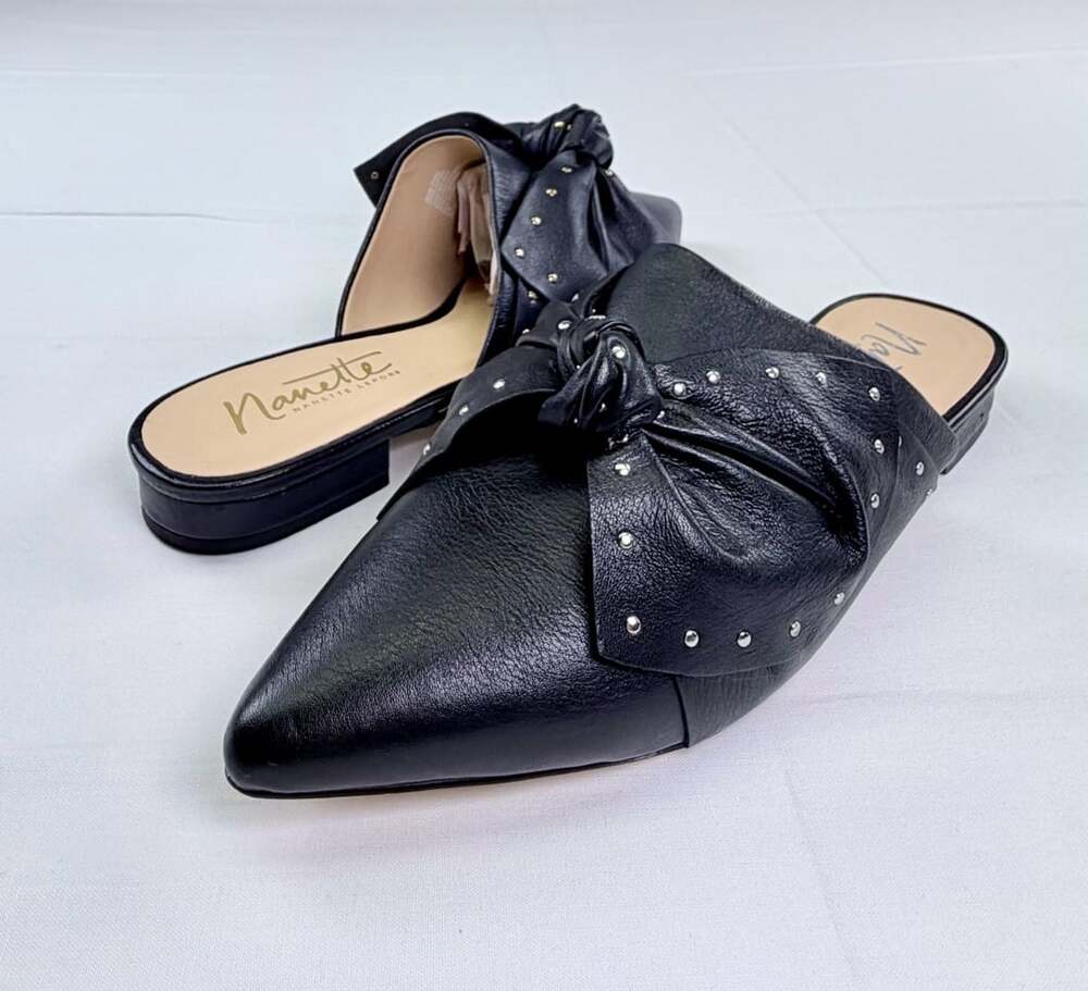 Nanette Lepore Amy Mules Size 9M Black Leather Studded Bow Flats